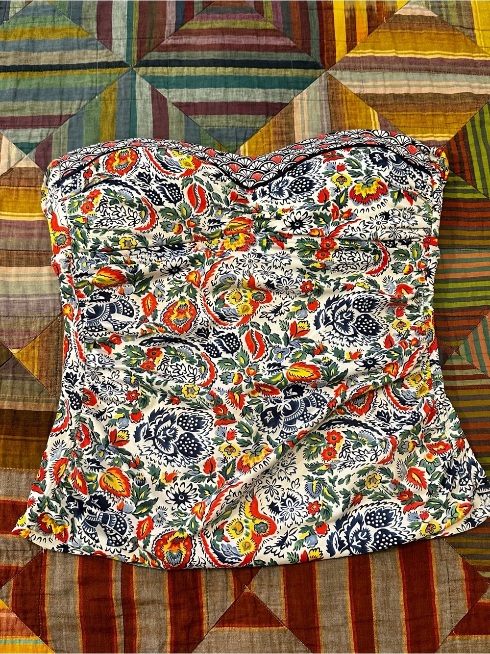 Tommy Bahama Strapless Paisley Bikini Top in White, Navy, Red & Yellow